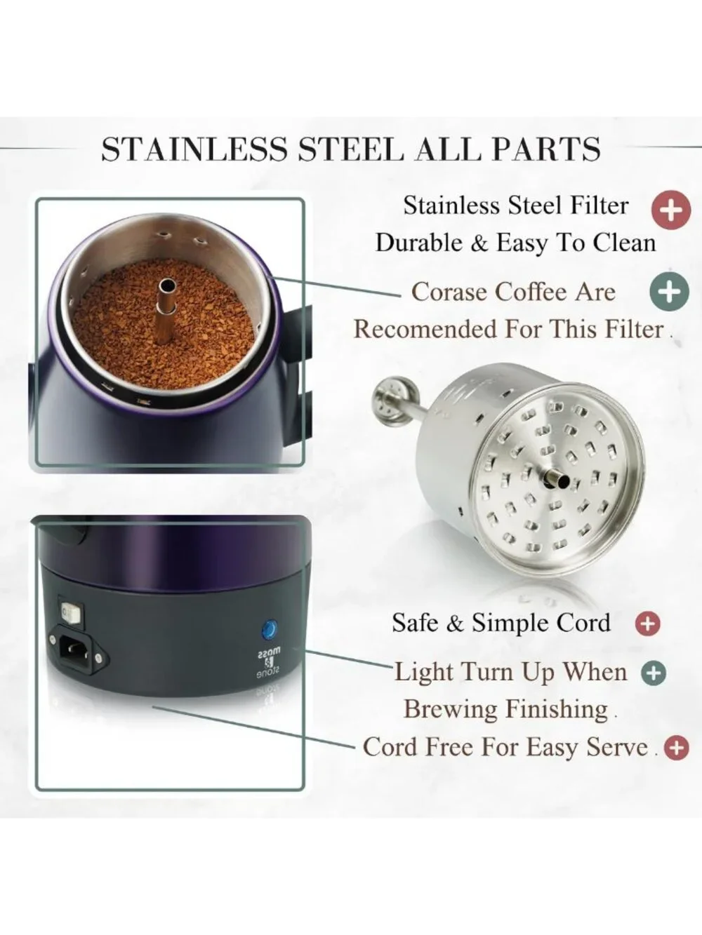 10-Cup Purple Electric Percolator Coffee Pot - Stainless Steel, Fast Brewing